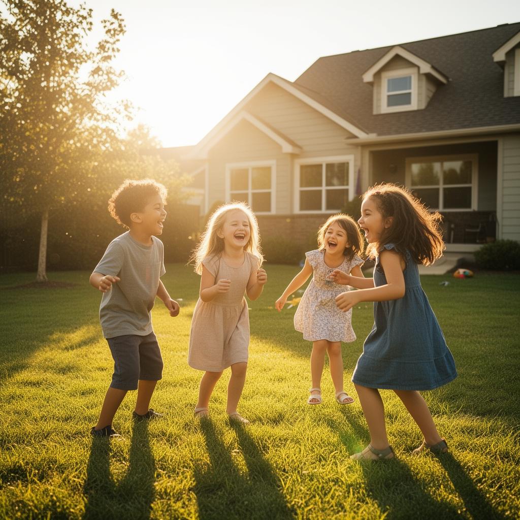 Children playing in a sunlit backyard