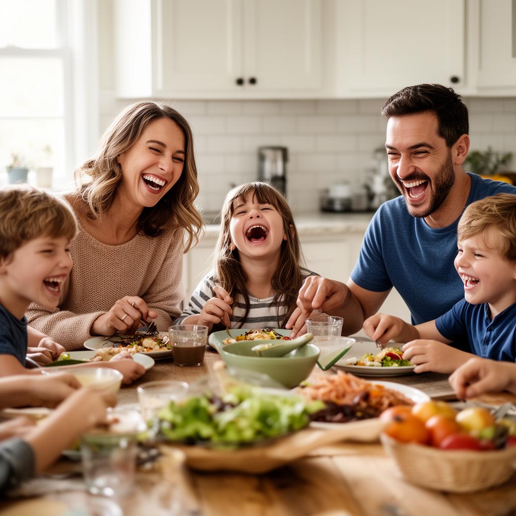 A family laughing together at a kitchen table