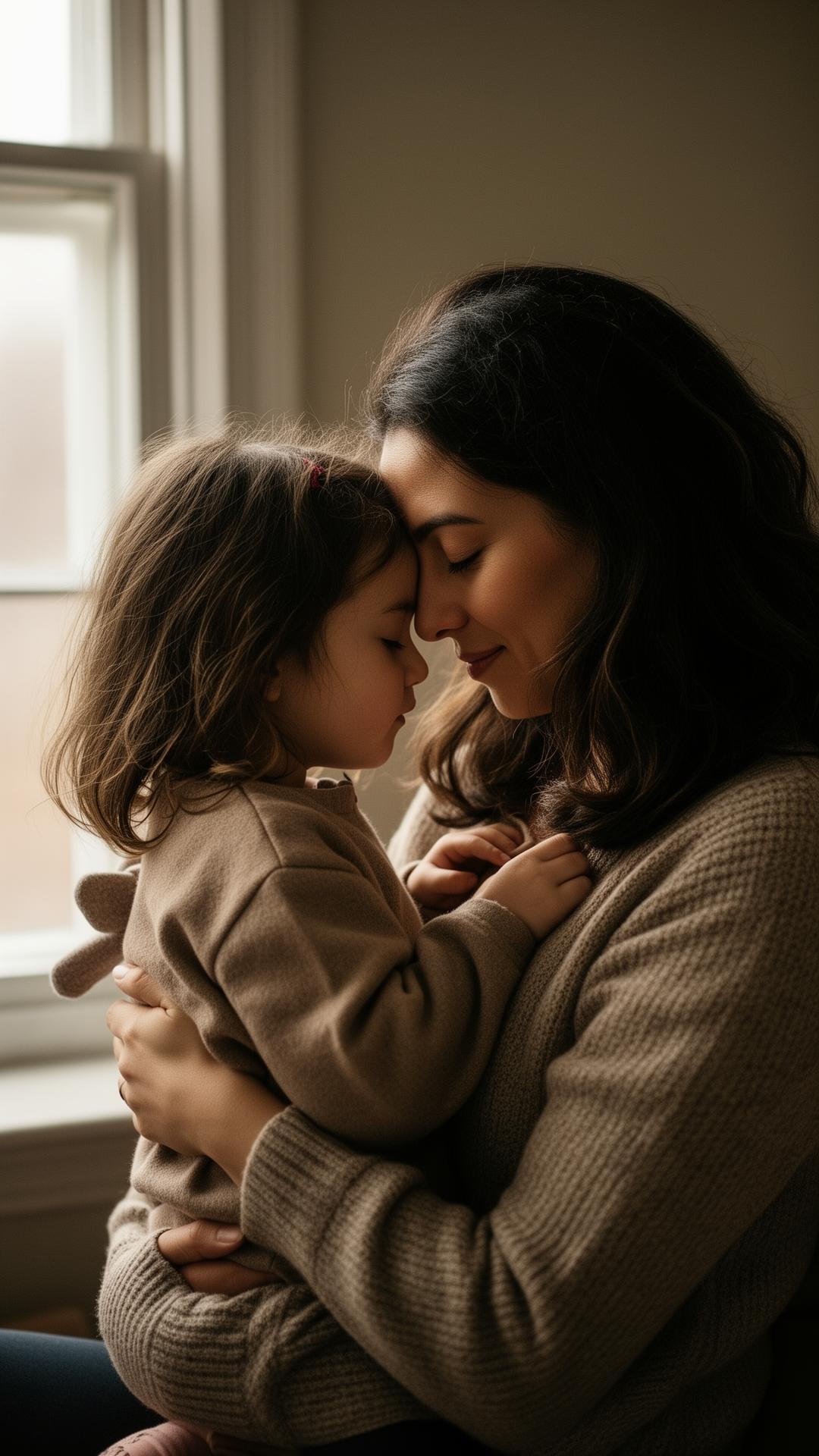 A mother holds her young daughter close, foreheads touching