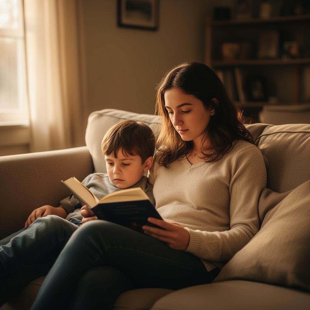 A mother reads to her young son on a couch
